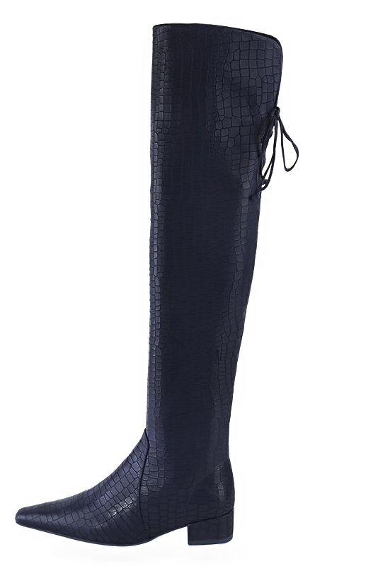 Navy blue women's leather thigh-high boots. Tapered toe. Low block heels. Made to measure. Profile view - Florence KOOIJMAN